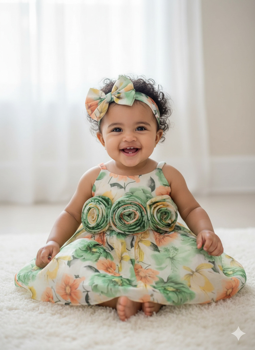 Floral Frock with Headband for Baby Girls