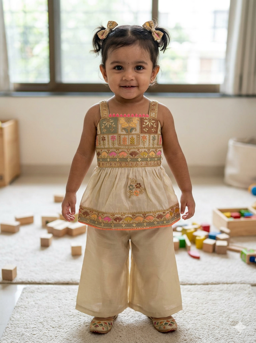 Cream Embroidered Plazo Suit for Girls